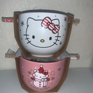 Sanrio Hello Kitty Christmas Pink Ramen Noodle Bowls Chopsticks Set Of 2